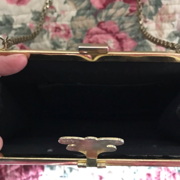 Gorgeous Art Deco Black Vintage Velvet Clutch  / Evening Purse With Gold Chain - Picture 8 of 9